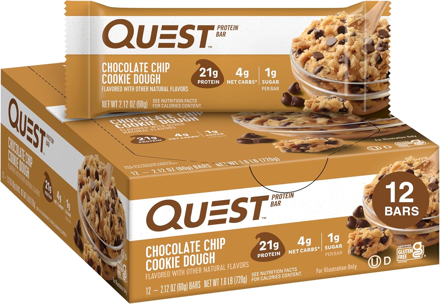 Quest Nutrition Chocolate Chip Dough Cookie Protein Bars, 21g Protein, 1g Sugar, 4g Net Carb, High Fiber, Gluten Free, Keto Friendy, 12 Count Quest Nutrition Chocolate Chip Dough Cookie Protein Bars, 21g Protein, 1g Sugar, 4g Net Carb, High Fiber, Gluten Free, Keto Friendy, 12 Count