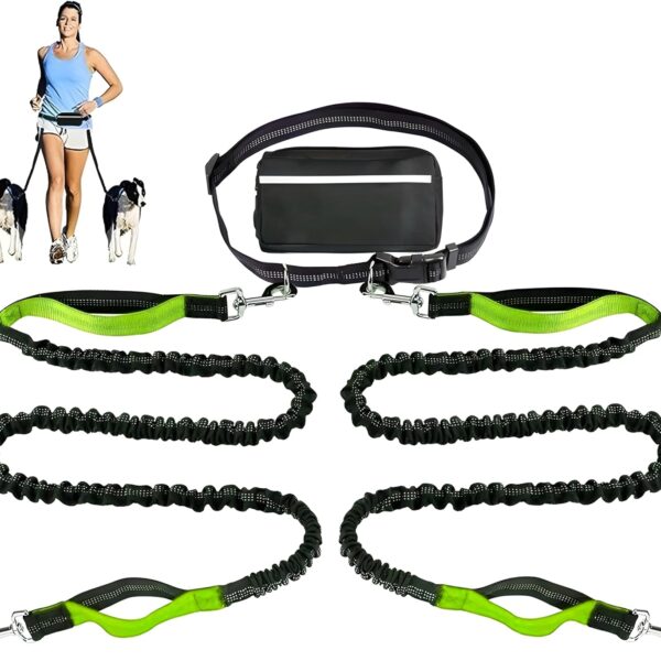 BLIVORRA-Hands-Free Dog Leash for 2 Dogs Dual Bungee with Waist Belt, Pouch & Padded Handles Tangle-Free, Shock Absorbing Leash for Walking, Running & Hiking