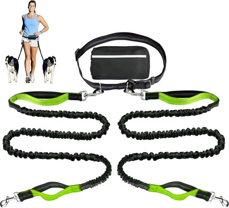 BLIVORRA-Hands-Free Dog Leash for 2 Dogs  Dual Bungee with Waist Belt, Pouch & Padded Handles  Tangle-Free, Shock Absorbing Leash for Walking, Running & Hiking