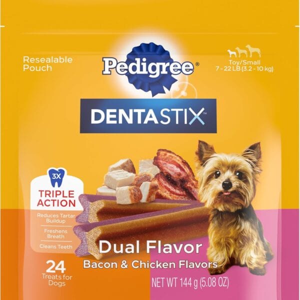 Pedigree Dentastix Dual Flavor Small Dog Dental Treats, Bacon & Chicken, 5.08 oz. Bag (24 Treats)