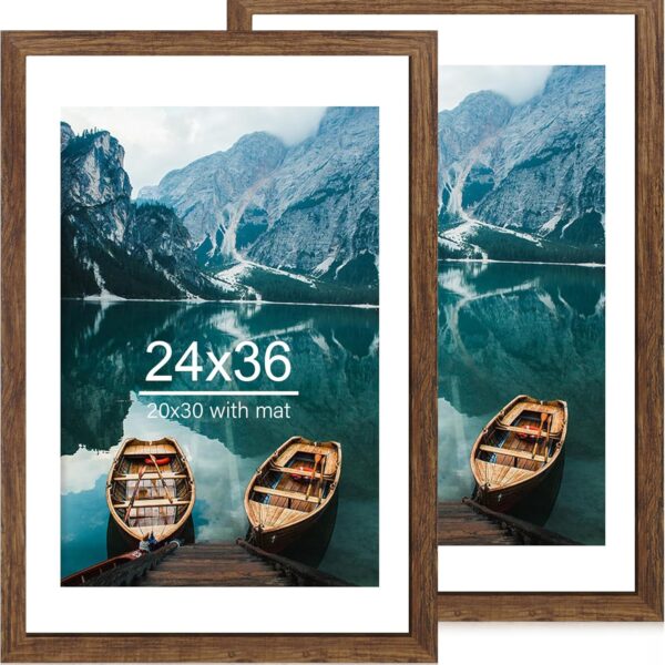 24x36 Poster Frame Set of 2, Rustic Brown Wood Style - Display 20x30 Picture with Mat or 24 x 36 Poster without Mat, Wall Mounting Horizontal and Vertical