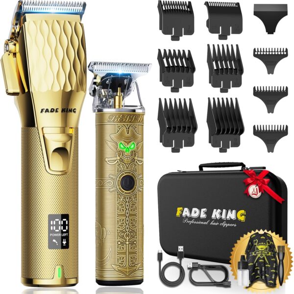 FADEKING Professional Hair Clippers & Beard Trimmer Set for Men Cordless Barber Clippers with LCD Display, Precision Trimmer & Travel Case Gifts for Men Husband Father (Gold + Bronze)