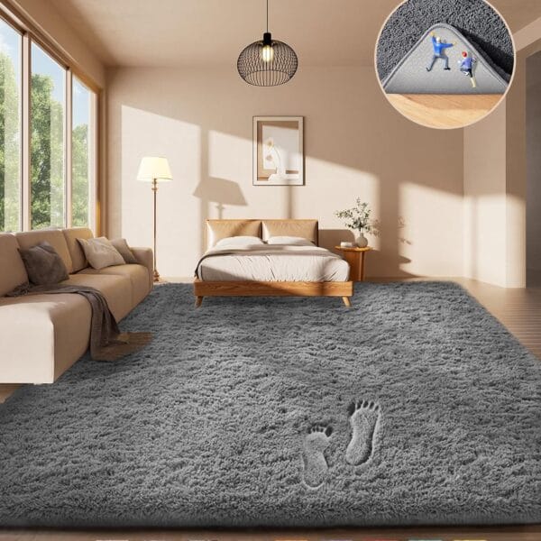 Ophanie Area Rugs for Living Room Bedroom, Upgrade Non-Slip Fluffy Soft Grey Shag Carpet, Indoor Floor Gray 4x6 Fuzzy Shaggy Living Room Plush Rug for Kids Home Dorm Decor Aesthetic