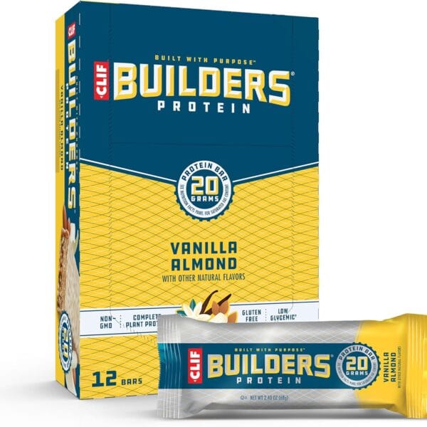 CLIF BUILDERS Protein Bars - Vanilla Almond Flavor - 20g Plant Based Protein - Gluten Free - Non-GMO - Low Glycemic - No Artificial Sweeteners - 2.4 oz. (12 Pack)