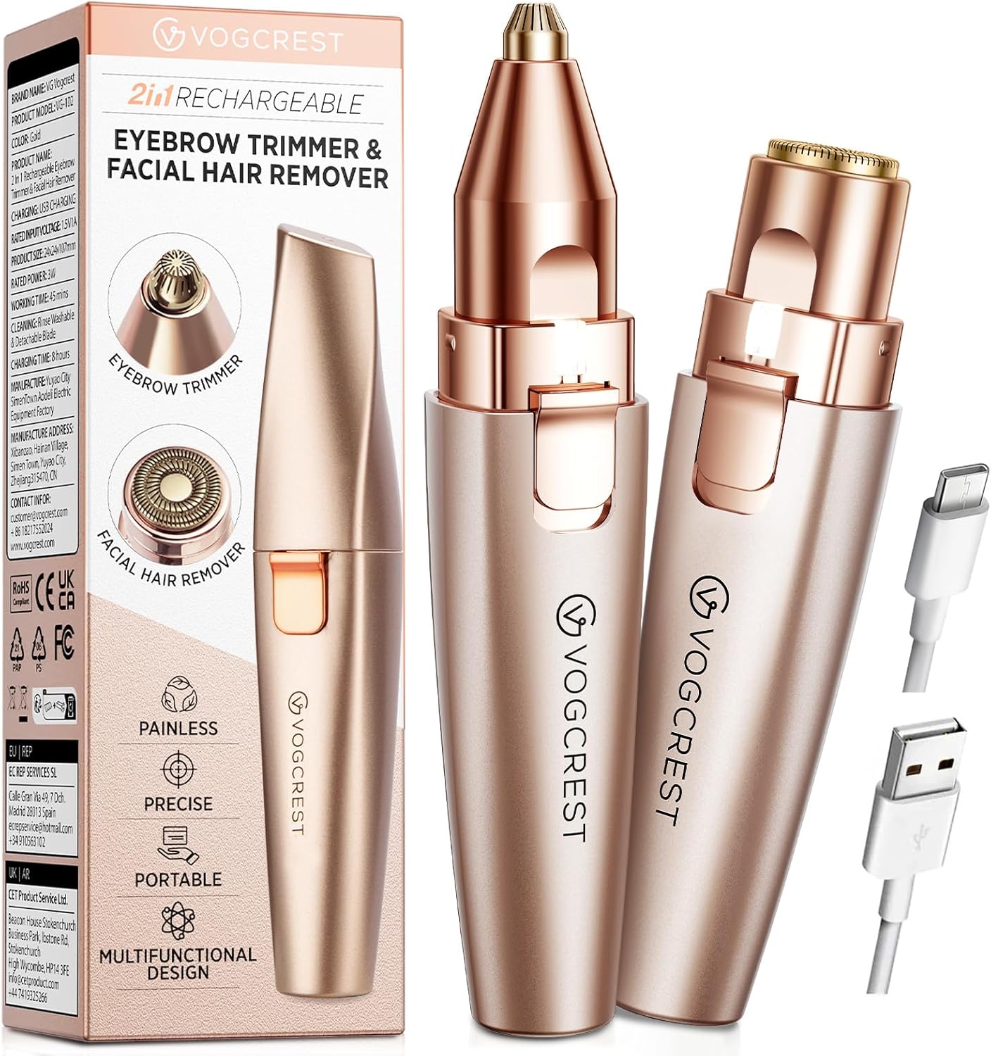 VG VOGCREST Eyebrow & Facial Trimmer: 2 in1 Rechargeable Facial Hair Removal & Eyebrow Shaver - Body Razor with Built-in LED Light (Rose Gold) VG VOGCREST Eyebrow & Facial Trimmer: 2 in1 Rechargeable Facial Hair Removal & Eyebrow Shaver - Body Razor with Built-in LED Light (Rose Gold)