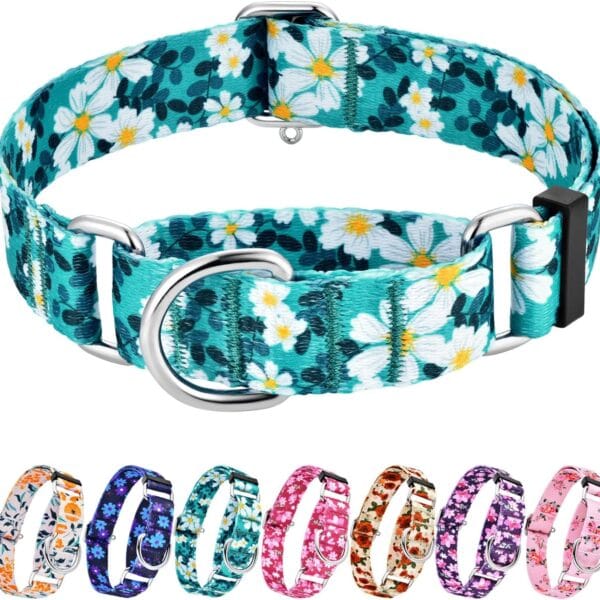 Hikiko Martingale Collar for Dogs with No Buckle Floral Daisy Dog Collar Soft Nylon No Pull Dog Collars for Small Dogs,Green Flower,S