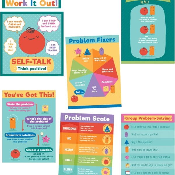 Carson Dellosa 7 pc Set of Problem-Solving Motivational Posters, Charts with Positive Affirmations and Strategies for a Growth Mindset, Calm Down Corner Supplies and Classroom Decor