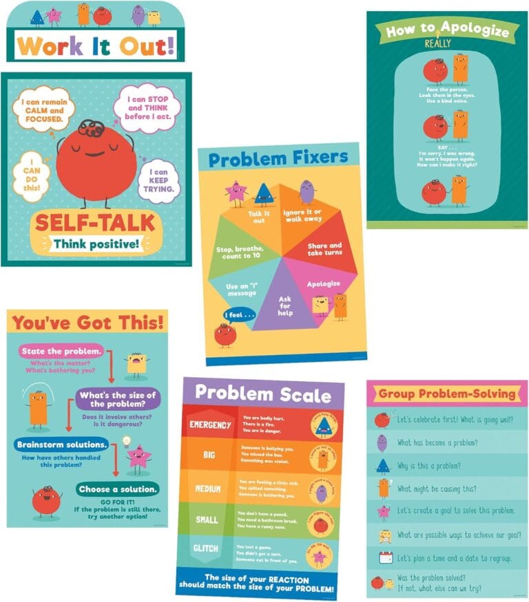 Carson Dellosa 7 pc Set of Problem-Solving Motivational Posters, Charts with Positive Affirmations and Strategies for a Growth Mindset, Calm Down Corner Supplies and Classroom Decor