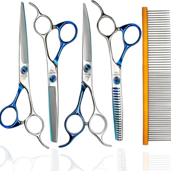 7'' Dog Grooming Scissors Set Straight Thinning Curved Chunker Shears 4pcs in 1 Set with Comb Dog Grooming Scissors Kit for Dogs and Cats