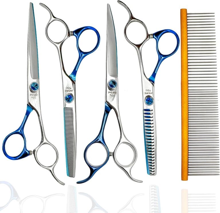 7'' Dog Grooming Scissors Set Straight Thinning Curved Chunker Shears 4pcs in 1 Set with Comb Dog Grooming Scissors Kit for Dogs and Cats
