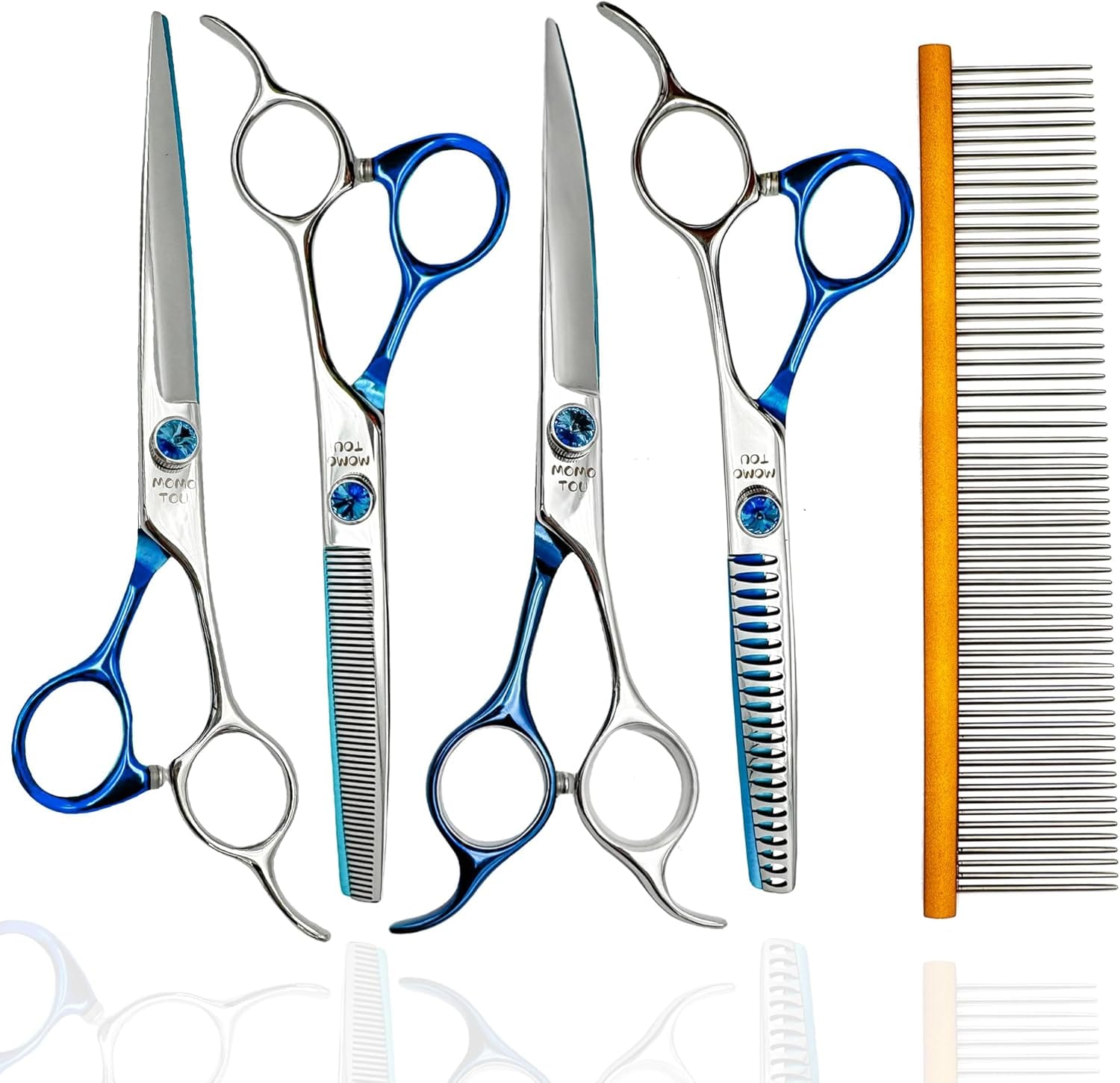 7'' Dog Grooming Scissors Set Straight Thinning Curved Chunker Shears 4pcs in 1 Set with Comb Dog Grooming Scissors Kit for Dogs and Cats 7'' Dog Grooming Scissors Set Straight Thinning Curved Chunker Shears 4pcs in 1 Set with Comb Dog Grooming Scissors Kit for Dogs and Cats