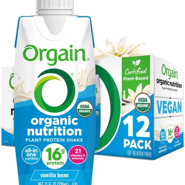 Orgain Organic Nutritional Vegan Protein Shake, Vanilla Bean - 16g Plant Based Protein, Meal Replacement, 21 Vitamins & Minerals, Fruits & Vegetables, Gluten Free, Non-GMO, 11 Fl Oz (Pack of 12)