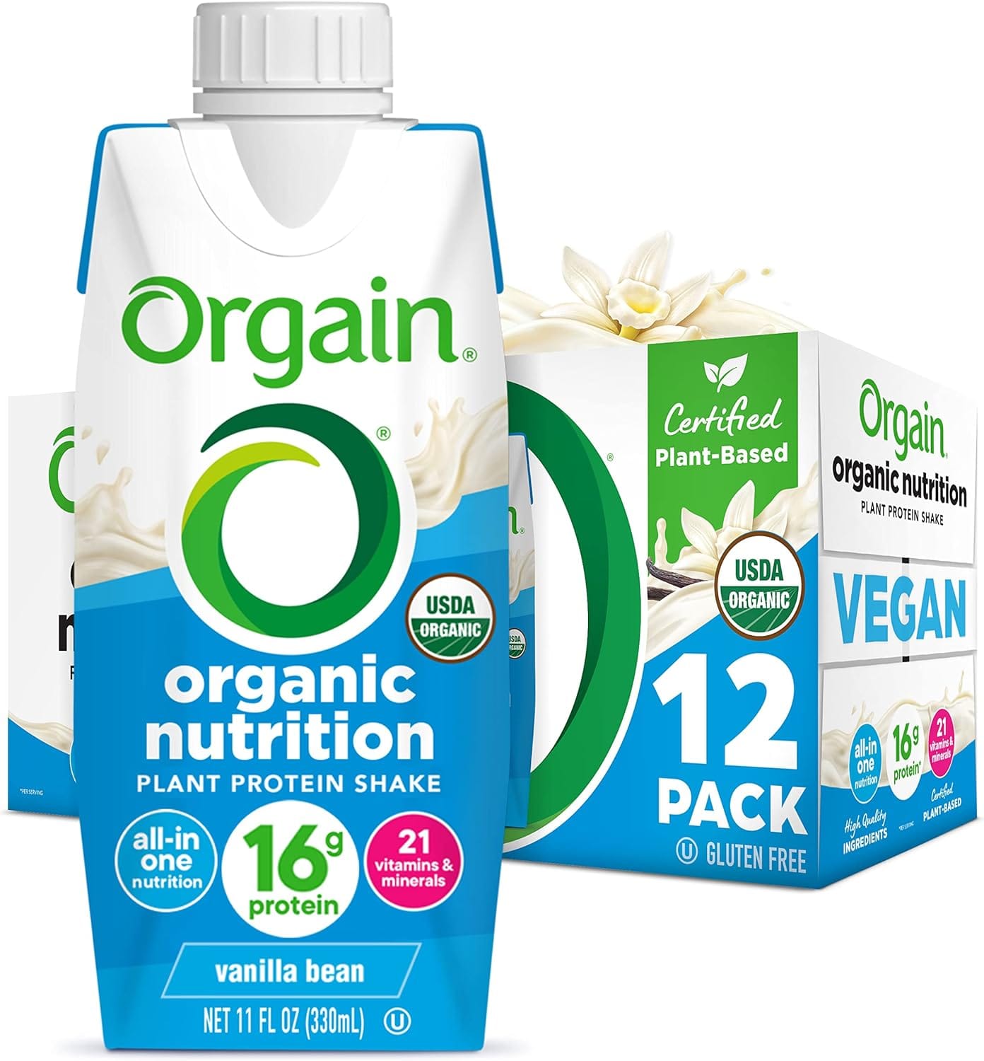 Orgain Organic Nutritional Vegan Protein Shake, Vanilla Bean - 16g Plant Based Protein, Meal Replacement, 21 Vitamins & Minerals, Fruits & Vegetables, Gluten Free, Non-GMO, 11 Fl Oz (Pack of 12) Orgain Organic Nutritional Vegan Protein Shake, Vanilla Bean - 16g Plant Based Protein, Meal Replacement, 21 Vitamins & Minerals, Fruits & Vegetables, Gluten Free, Non-GMO, 11 Fl Oz (Pack of 12)