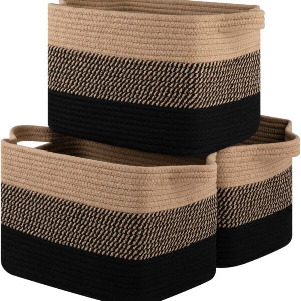 Storage Basket for Organizing, Woven Baskets for Storage, Rectangle Decorative Baskets for Shleves, Closet, Toys, Books, Nursery Organizer Bins - Pack of 3 (Black & Brown, 13"x9.85"x8.7")