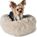 Tiny Dog Bed Extra Small Washable 15 inches Beige Donut Soft Small Dog Bed,Calming Anti Anxiety Round Fits up to 5 lbs Warm Comfort Pets Beds for Puppy Dogs Indoor