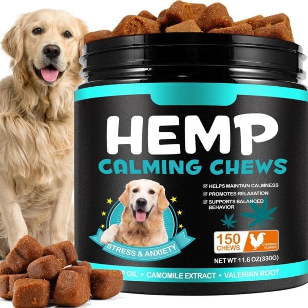 Calming Chews for Dogs, Grain Free All Natural Hemp Calming Chews for Dogs, Hemp Oil, Camomile Extract, Valerian Root, Helps Manage Stress & Separation Anxiety - Chicken Flavored (150 Count)