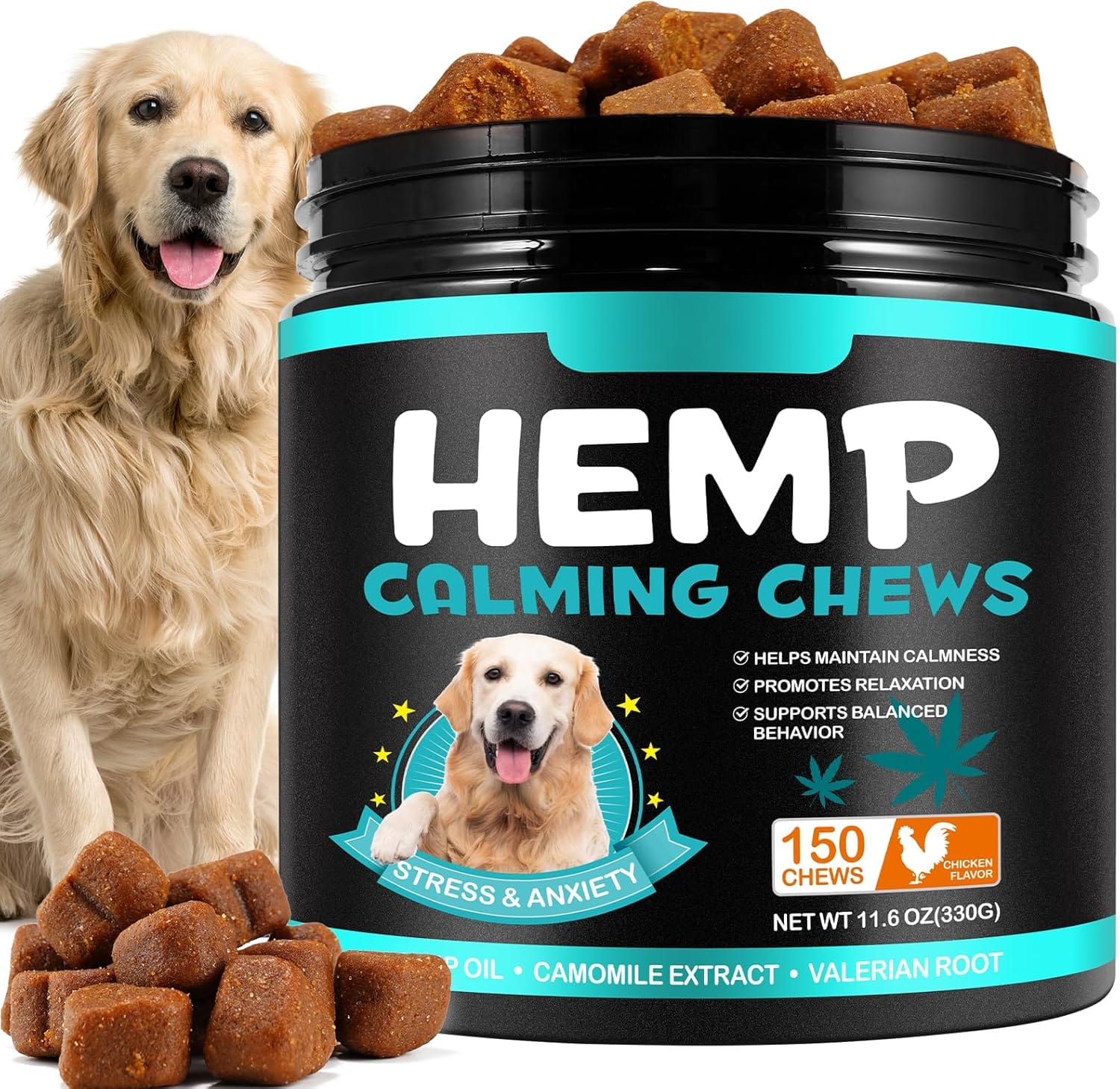 Calming Chews for Dogs, Grain Free All Natural Hemp Calming Chews for Dogs, Hemp Oil, Camomile Extract, Valerian Root, Helps Manage Stress & Separation Anxiety - Chicken Flavored (150 Count) Calming Chews for Dogs, Grain Free All Natural Hemp Calming Chews for Dogs, Hemp Oil, Camomile Extract, Valerian Root, Helps Manage Stress & Separation Anxiety - Chicken Flavored (150 Count)