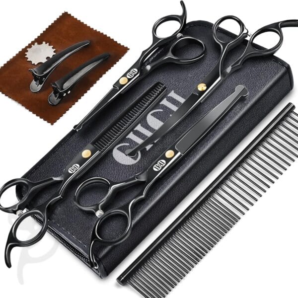 CIICII Dog Grooming Scissors Kit, 10-In-1 Professional Pet Grooming Scissors Set with Safety Round Tip (Dogs/Cat Hair Cutting Trimming Thinning Shears with Curved Scissors) for DIY Home Salon (Black)