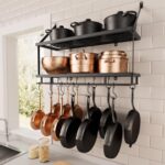 KES 30-Inch Kitchen Pot Rack - Mounted Hanging Rack for Kitchen Storage and Organization - Matte Black 2-Tier Wall Shelf with Guard Rail for Pots and Pans Organizer with 12 Hooks - KUR215S75B-BK