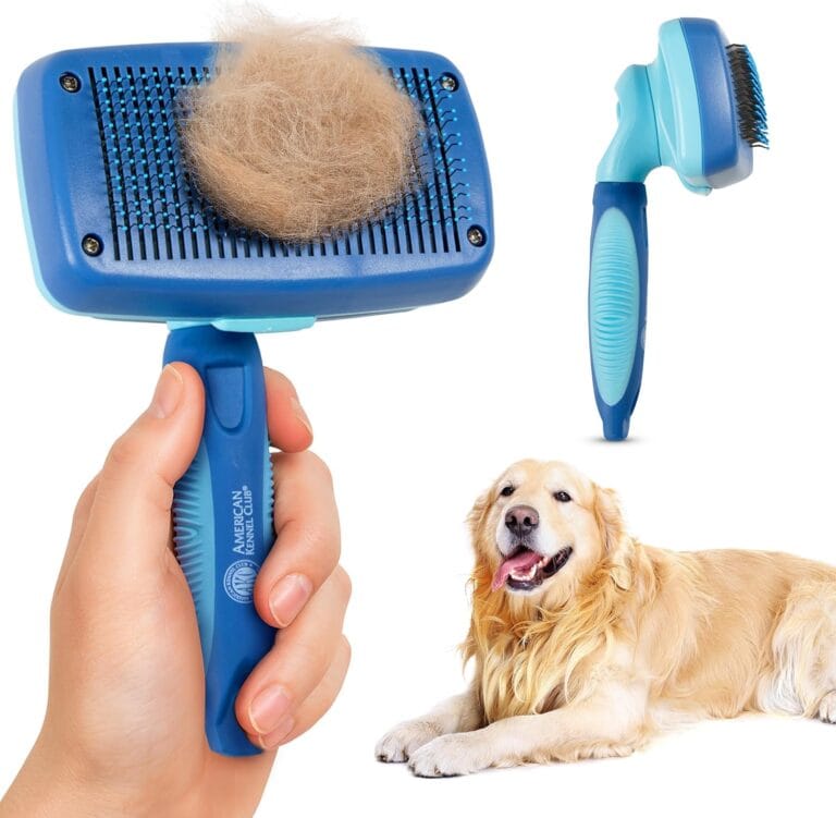 American Kennel Club-Self-Cleaning Slicker Brush for Dogs & Cats |Pet Grooming Brush |Removes Loose Hair, Mats & Tangles | Gentle Deshedding Tool for All Coat Types | Skin Friendly & Easy-Clean Design