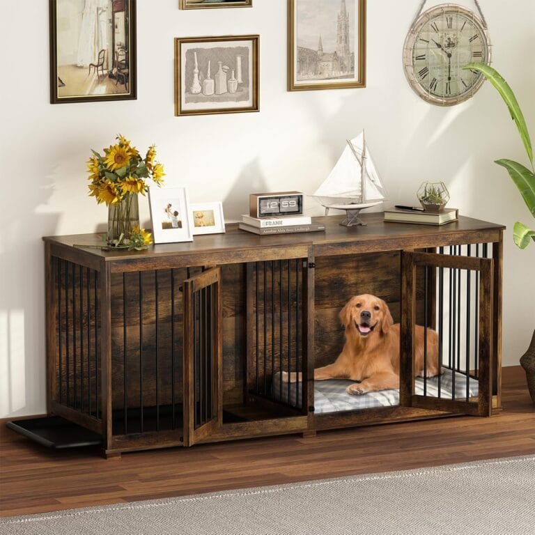 MOOLIVE Large Double Dog Crate Furniture, 70.9" Wooden Dog Crate Kennel with Removable Tray and Divider, XXL Heavy Duty Dog Crates Cage Furniture for 2 Medium or Large Dogs Indoor, Rustic Brown