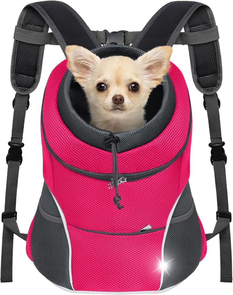 YUDODO Dog Front Carrier Backpack, Adjustable Breathable Pet Carrier for Small Dogs, Ventilated Puppy Back Pack with Safety Belt, Lightweight Doggy Backpack for Hiking Outdoor (Rose, M: 4.5-8 lbs)