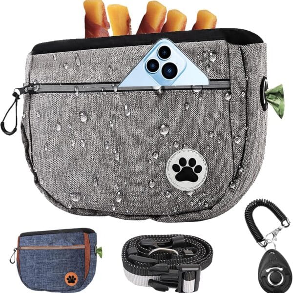 Large 6 Cup Dog Treat Pouch with Clicker,Treat Pouches for Pet Training,Crossover Self-Closing Bag,Built-in Poop Bag Dispenser, 46 Free hands Waist Belt for Walks/oxford Fabric/double pocket(Grey)