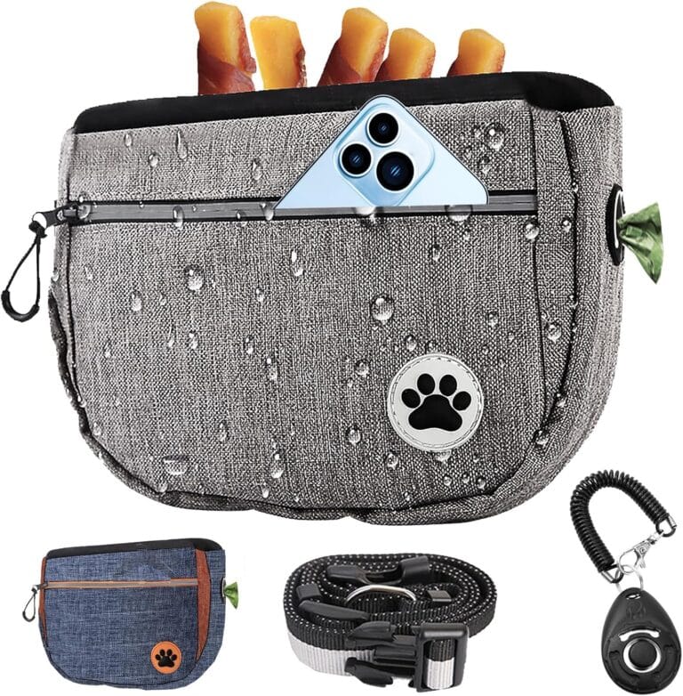 Large 6 Cup Dog Treat Pouch with Clicker,Treat Pouches for Pet Training,Crossover Self-Closing Bag,Built-in Poop Bag Dispenser, 46 Free hands Waist Belt for Walks/oxford Fabric/double pocket(Grey)