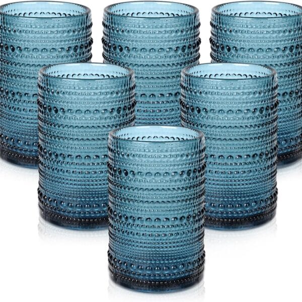 Vintage Glassware Drinking Glasses Set of 6,15 oz Hobnail Glass Cups,Embossed Blue Water Tumbler,for Beer,Cocktail,Whiskey,Juice and Various Mixed Drinks- 1 Cleaning Brush