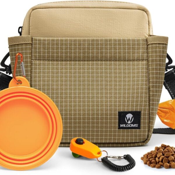 Large Capacity Dog Treat Pouch Training Treat Bag with Magnetic Pocket, Built-in Poop Bag Holder, Clicker & Collapsible Bowl, Hands-Free Dog Walking Bag for Walking & Puppy Training - Khaki