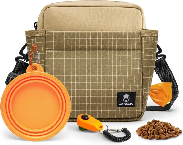 Large Capacity Dog Treat Pouch Training Treat Bag with Magnetic Pocket, Built-in Poop Bag Holder, Clicker & Collapsible Bowl, Hands-Free Dog Walking Bag for Walking & Puppy Training - Khaki