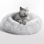 Love's cabin Calming Cat Bed for Indoor Cats, Anti-Anxiety Donut Round Dog Bed, Fluffy Faux Fur Washable Pet Bed for Small Medium Dogs and Cats,Grey,20in