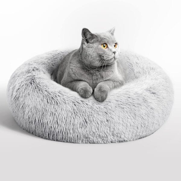 Love's cabin Calming Cat Bed for Indoor Cats, Anti-Anxiety Donut Round Dog Bed, Fluffy Faux Fur Washable Pet Bed for Small Medium Dogs and Cats,Grey,20in