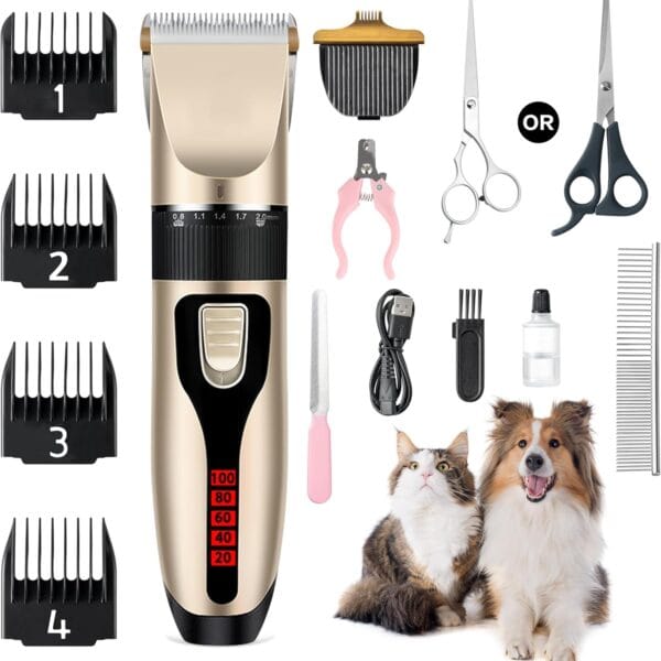 Dog Grooming Kit & Paw Trimmer-Low Noise Electric Quiet Clippers Set, Rechargeable Cordless Pet Hair Clippers for Thick Coats with Scissors & Trimmer -Professional Grooming Tools for Dogs, Cats, Pets
