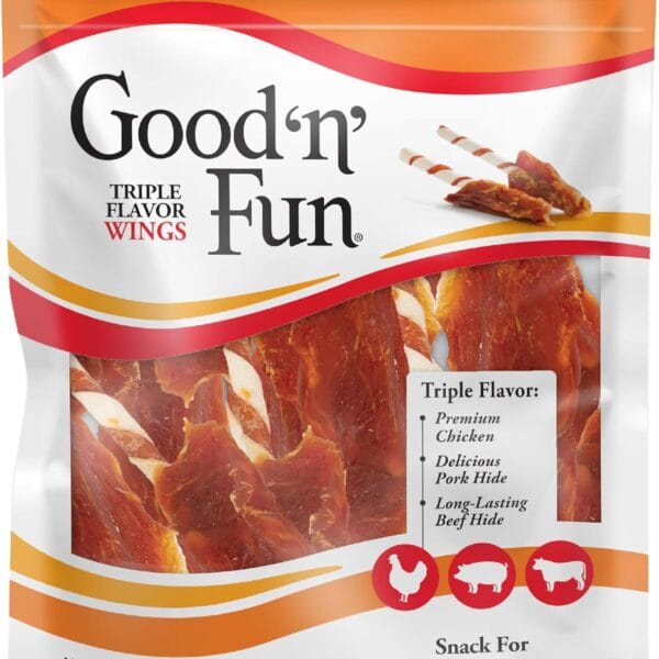 Good n Fun Triple Flavor Wings Chews for All Dogs, 12 Ounces, Treat Your Dog to Long-Lasting Chews Made with Chicken, Pork Hide and Beef Hide
