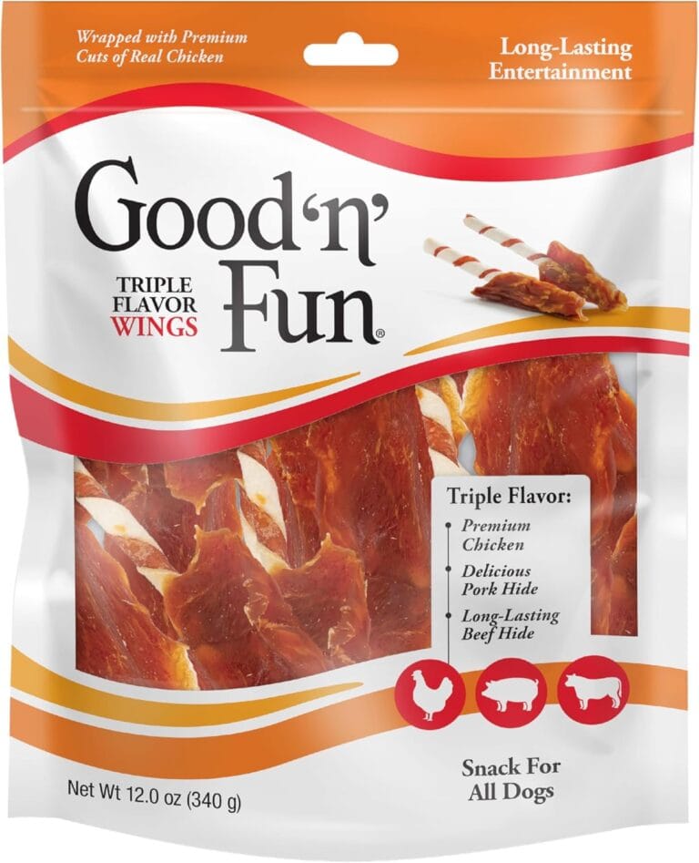 Good n Fun Triple Flavor Wings Chews for All Dogs, 12 Ounces, Treat Your Dog to Long-Lasting Chews Made with Chicken, Pork Hide and Beef Hide