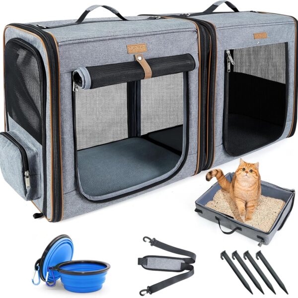 Lekereise 2-in-1 Cat Travel Carrier with Litter Box, (17.7" x2) x16.5"x13" Large Cat Carrier with Zipper Locks for Moving Across The Country (No Hammock) - Grey
