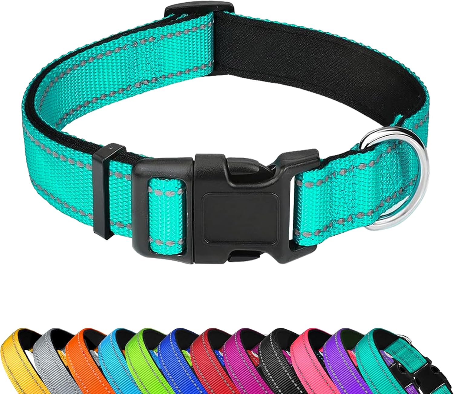 Reflective Dog Collar, Adjustable Soft Neoprene Padded Nylon Pet Collars with Buckle for Medium Dogs, Teal,M Reflective Dog Collar, Adjustable Soft Neoprene Padded Nylon Pet Collars with Buckle for Medium Dogs, Teal,M