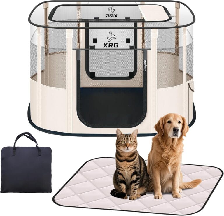 Dog Play Pen with Waterproof pad,Portable Dog Crates for Medium Dogs Kennel Tent,Dog Cages Indoor Breathable Mesh Collapsible Dog House Travel Playpen for Dogs Indoor & Outdoor(Medium, Beige)