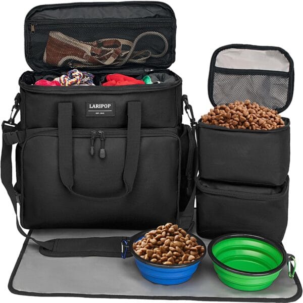 LARIPOP Dog Travel Bag,Weekend Pet Travel Bag Set for Dog and Cat,Airline Approved Tote Multi-Function Dog Bags for Traveling,Include 2 Collapsible Bowls,2 Food Storage Containers,1 Feeding Mat,Black