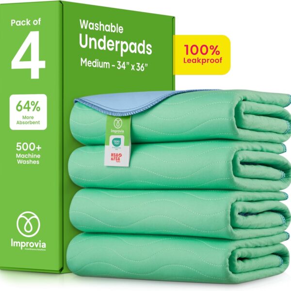 IMPROVIA Washable Underpads, 34" x 36" (Pack of 4) - Heavy Absorbency Reusable Bedwetting Incontinence Pads for Kids, Adults, Elderly, and Pets - Waterproof Protective Pad for Bed, Couch, Sofa, Floor
