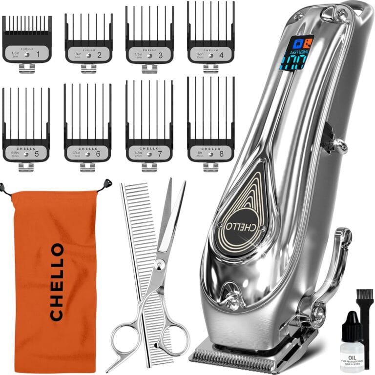 Chello FullMetal Dog Grooming Clippers, Cordless LowNoise Pet Hair Trimmer for Thick Coats, 5Hour LongRunning Battery, LED Display, 8 Guard Combs + Taper Lever, USB Rechargeable