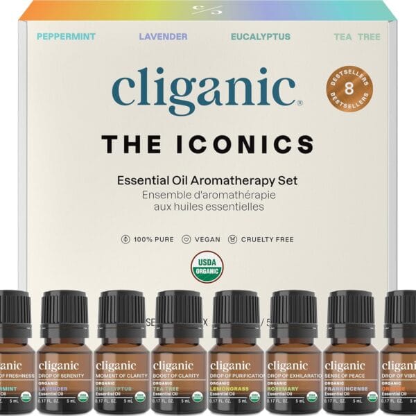 Cliganic Organic Aromatherapy Essential Oils Gift Set (Top 8 - The Iconics), 100% Pure - Peppermint, Lavender, Eucalyptus, Tea Tree, Lemongrass, Rosemary, Frankincense & Orange