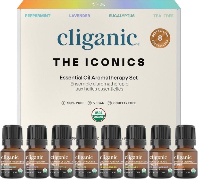 Cliganic Organic Aromatherapy Essential Oils Gift Set (Top 8 - The Iconics), 100% Pure - Peppermint, Lavender, Eucalyptus, Tea Tree, Lemongrass, Rosemary, Frankincense & Orange
