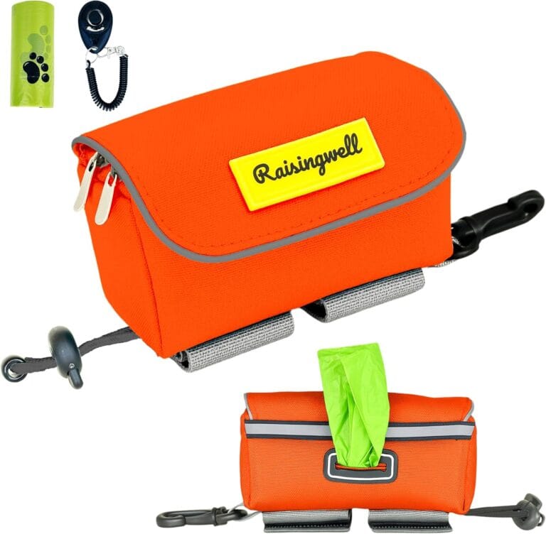 Dog Poop Bag Holder for Leash, 2 Waterproof Zipper Pouches, Dog Treat Pouch for Pet Walking Accessories, with Dispenser, Training Clicker and 1 Free Roll (Orange)
