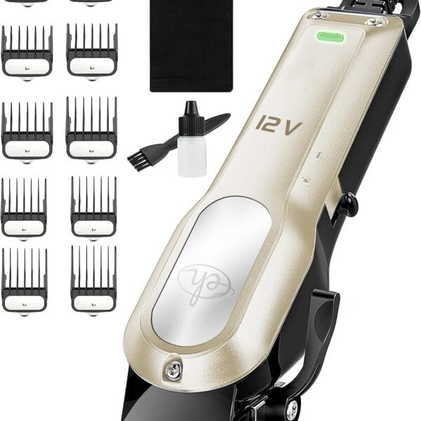 Dog Clippers for Grooming with 12V High Power Plug-in for Thick Heavy Coats Quiet, Pet Electric Professional Hair Grooming Clippers kit with 10 Metal Guard Combs Brush for Dogs Cats Pets (Gold)
