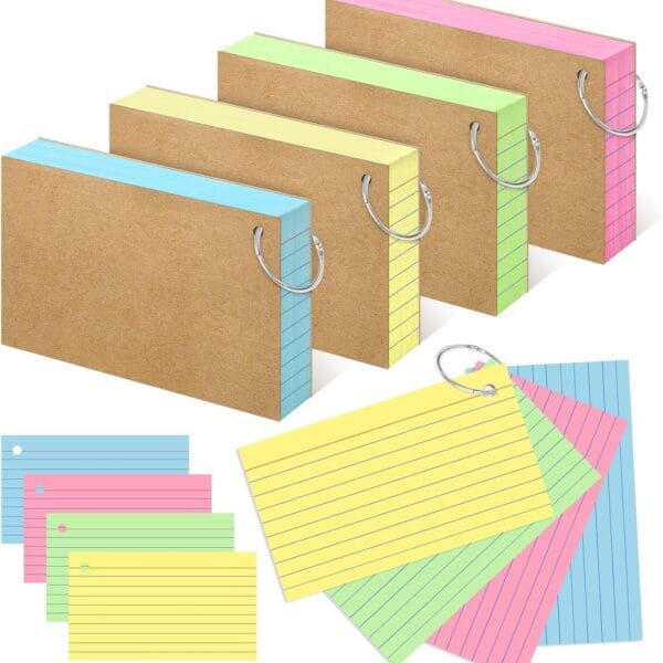 Colored Index Cards 3x5 Inch Heavyweight Flash Cards with Ring Lined Flashcards Note Cards for Studying School Supplies College, 200 Count
