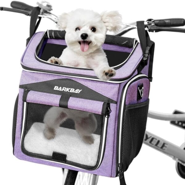 BARKBAY Dog Bike Basket Carrier, Expandable Foldable Soft-Sided Dog Carrier, 2 Open Doors, 5 Reflective Tapes, Pet Travel Bag,Dog Backpack Carrier Safe and Easy for Small Medium Cats and Dogs(Purple)