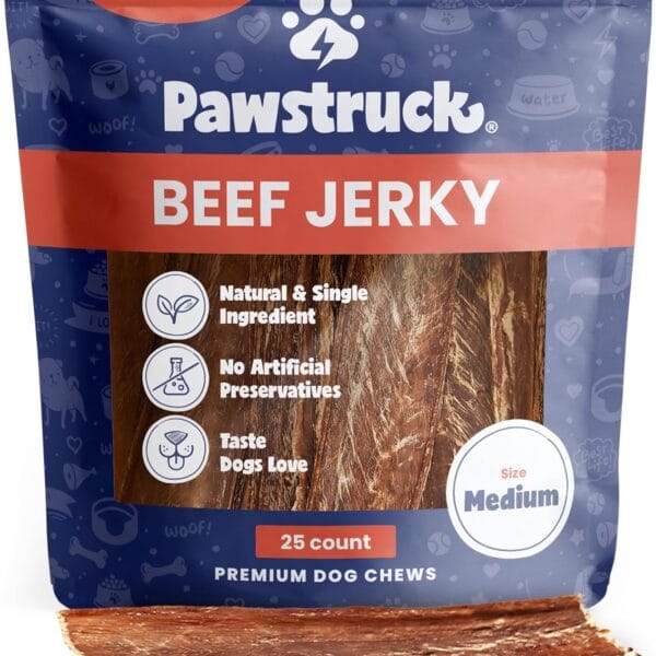 Pawstruck Premium Beef Jerky Dog Treat Chews, Medium 4"-6" Strips Supports Hip & Joint Health, Rich in Glucosamine & Chondroitin, No Added Preservatives 25 Count