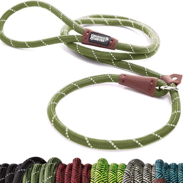 Friends Forever Extremely Durable Dog Rope Leash, Premium Quality Training Slip Lead, Reflective, Thick Heavy Duty, Sturdy, No Pull, Comfortable For The Strong Large Medium Small Pets 6 feet, Olive
